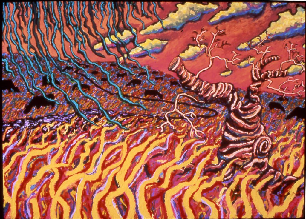Black Cows in Pasture with Willow , 1979, 5.5'x7.5'