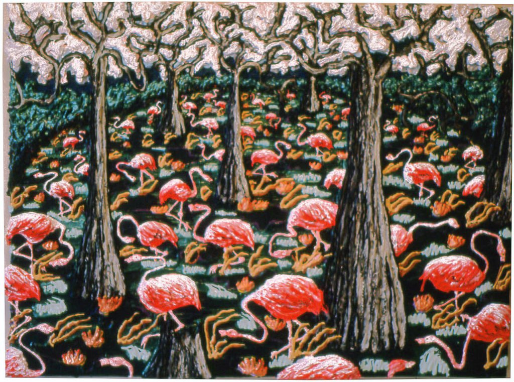 Flamingos with Cypress Trees, 1979, (Mull collection) 25"x33"