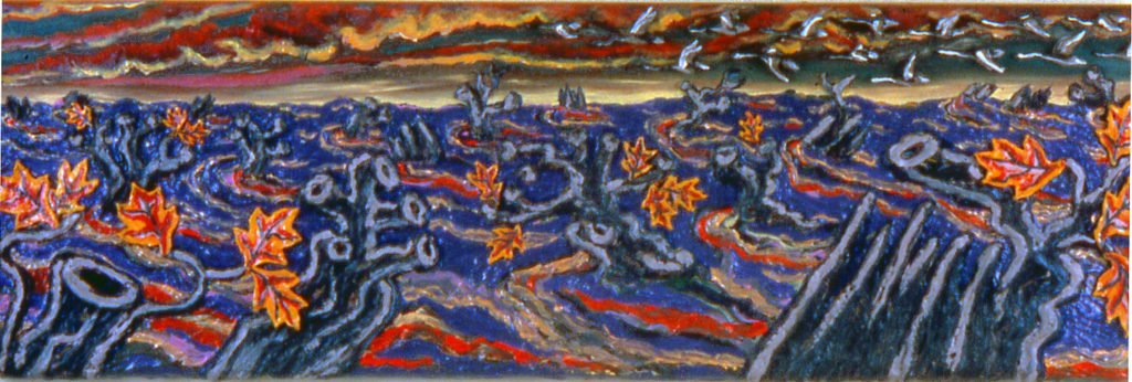 Geese Flying Over Water w/ Stumps, 1989, 32"x64"