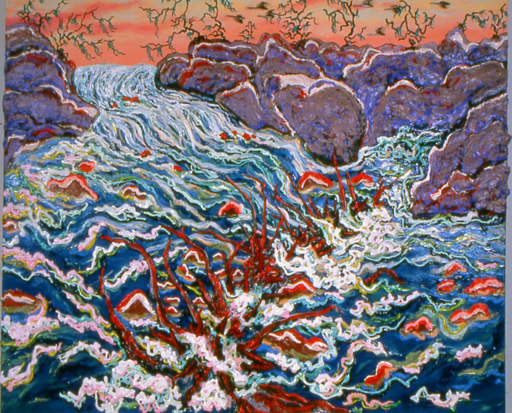 Geese Flying Over Waterfall, 1992, 60"x82"x8"