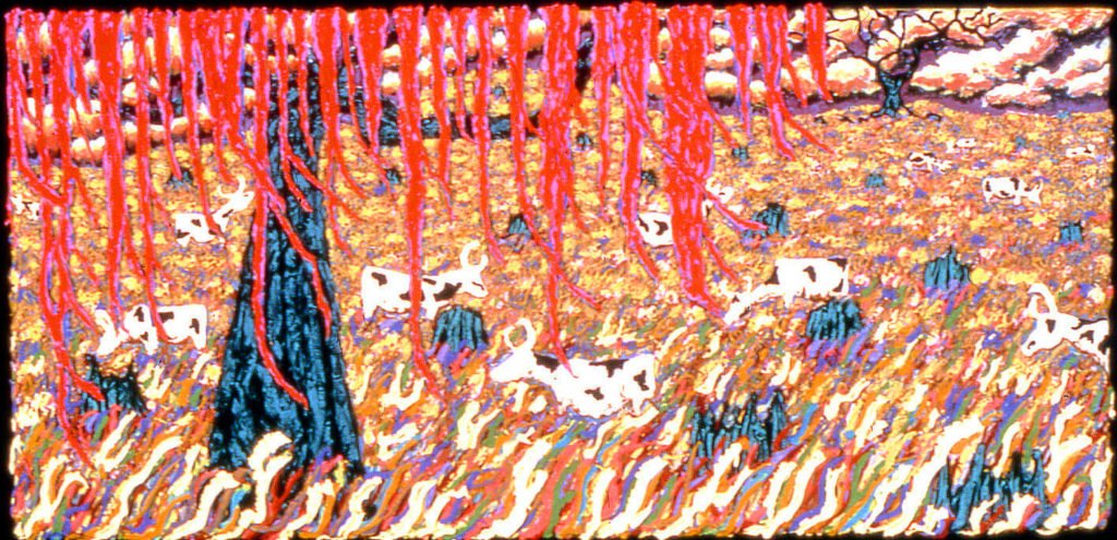 Ghost Cows with Spots and Red Willow, 1982, 30"x60"