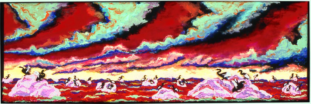 Horizontal Seascape with 29 Cormorants, 1983, 21"x63"