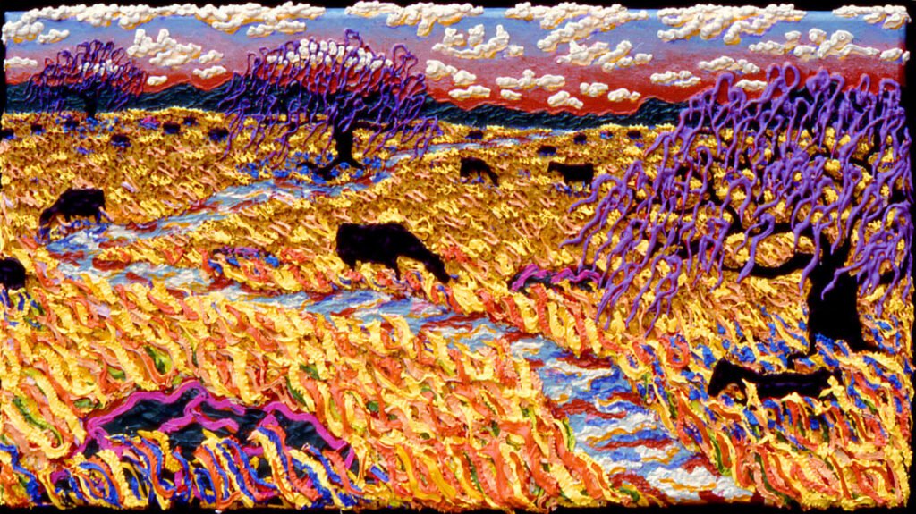 Landscape with Three Willows and Black Angus, 1981, 34"x54"