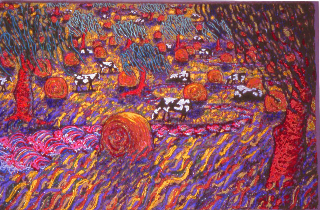 Large-Landscape w/ Winding-River Thru Red Trees w/ Haybails and Holsteins,-1984, 5.5'x7.5'-(Feldman-collection)