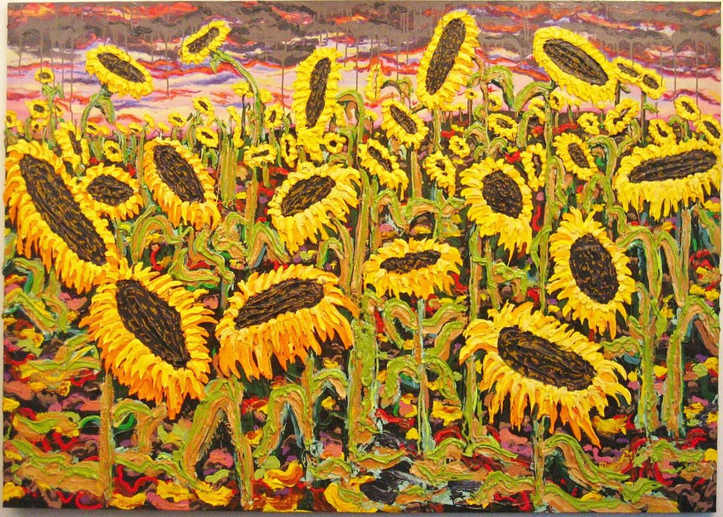 Large Sunflowers with Dripping Sky at Sunset, 2023, 5.5'x7.5'