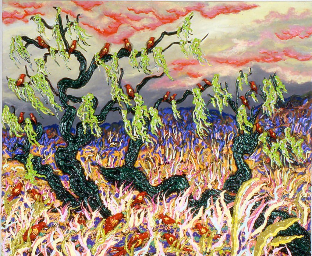 Moss on Dwarf Oaks with Red Birds, 1992, 60"x72"x4"