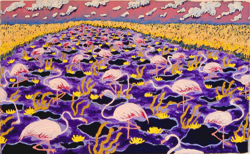 Small Flamingos in Pond, 1981, 24"x32"