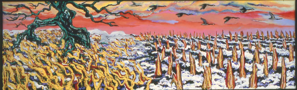 Snow on Cornfield with Geese, Horizontal, 1989, 24"x60"