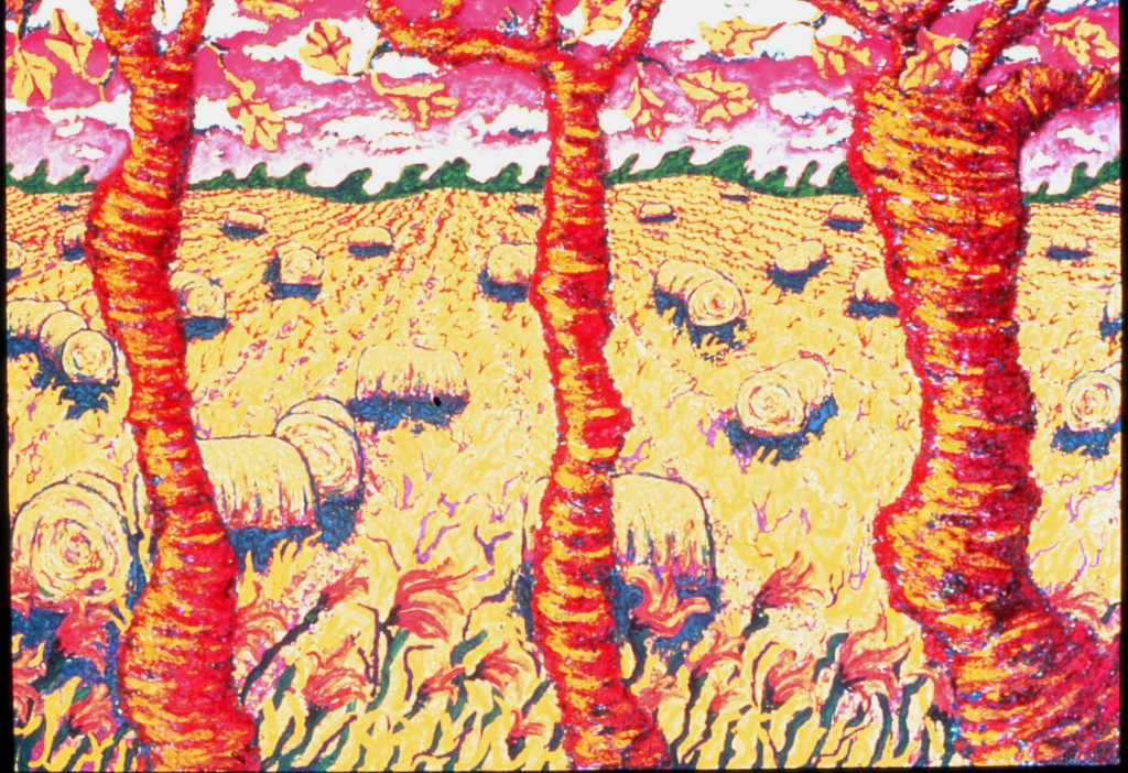 Three Red Trees with Lillies and Hayrolls, 1981, 60"x84"