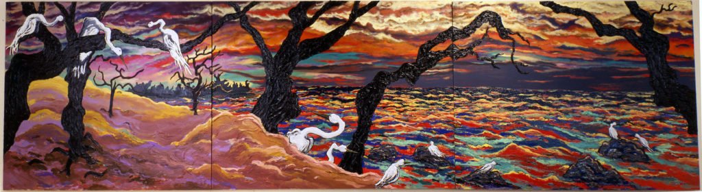 Tryptich-Cranes on Beach at Sunset, 2009, 60"x240"