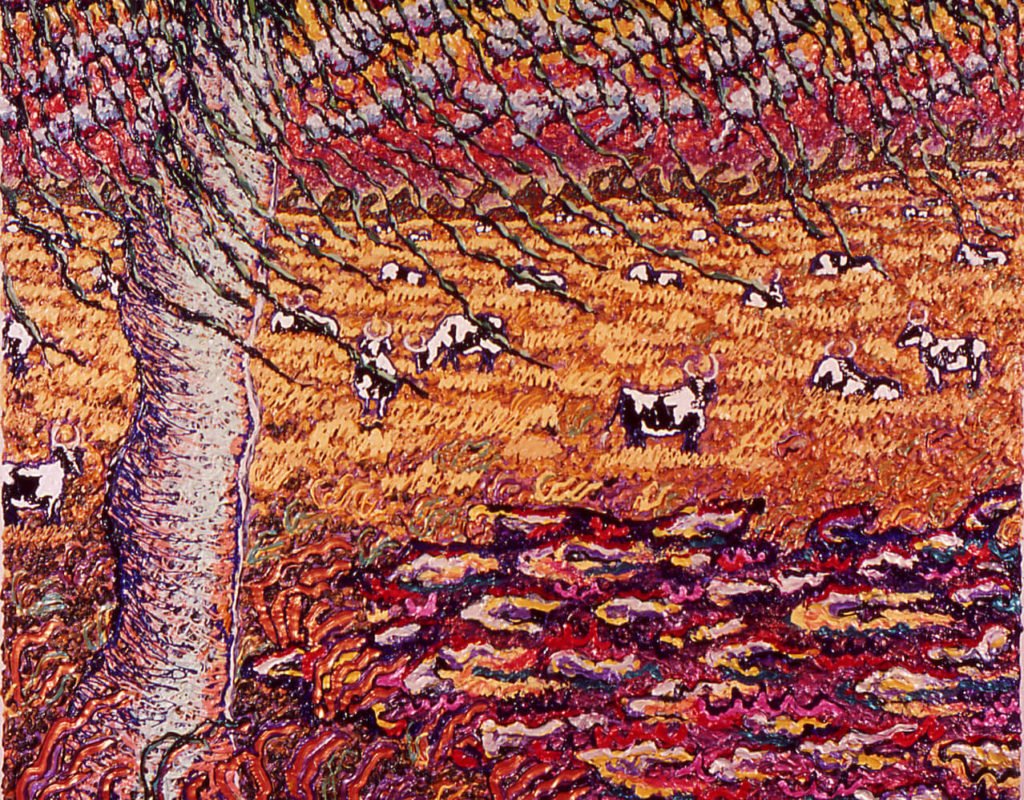 Willow Over Pond w/ Holsteins, 1979, 52"x60"