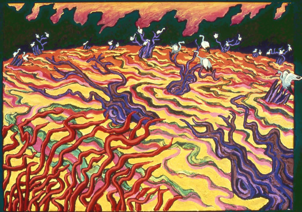 Yellow Lake w/ Cranes, 1984, 60"x84"