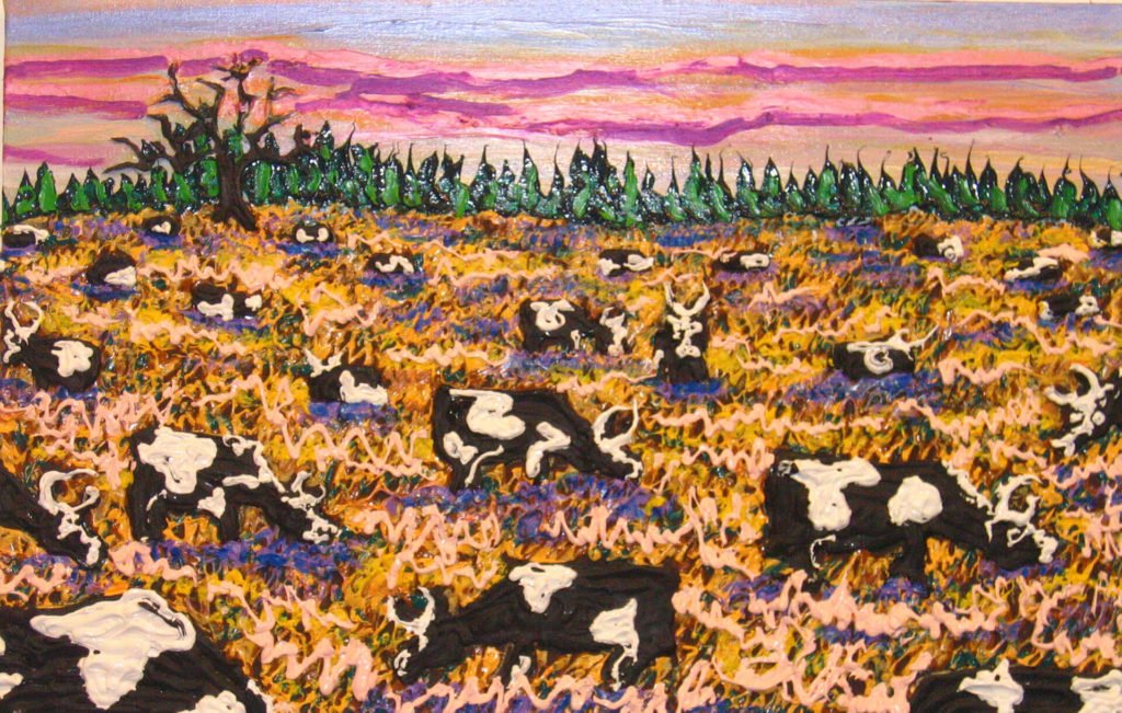 Holsteins in Field w/ Tree and Pines, 2008, 32"x38"