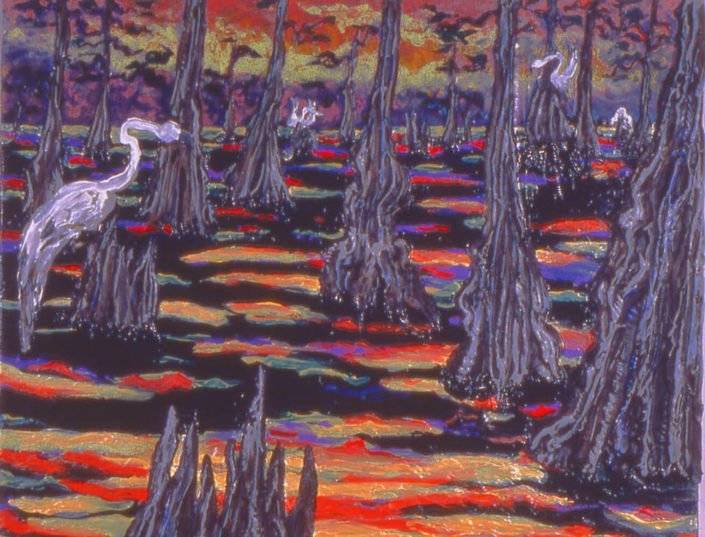 Smaller Black Lake, Louisiana w/ Iridescent Swamp Water, 1987, 36"x48"