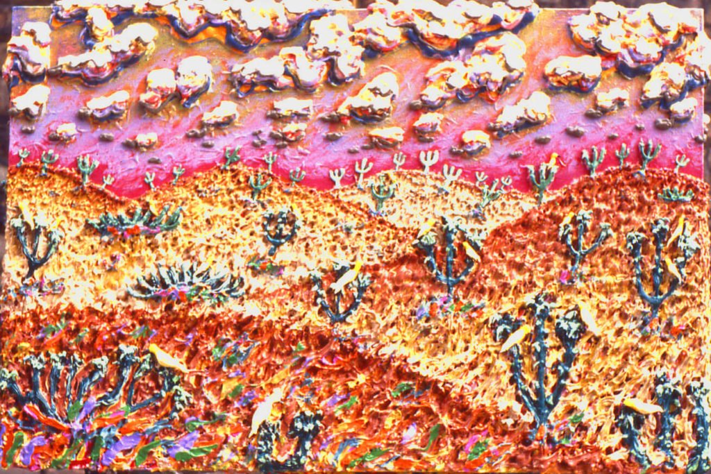 Desert Scene with Yellow Cow Birds, 1981 24"x36"