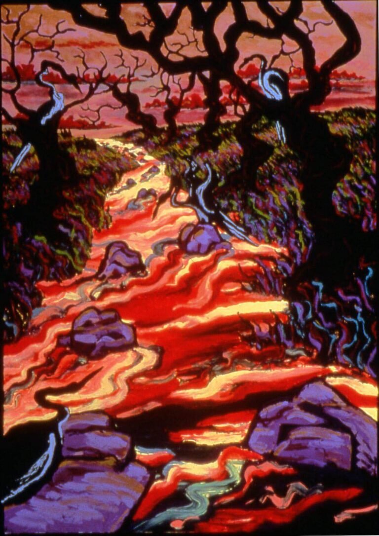 oil painting of a river and some trees