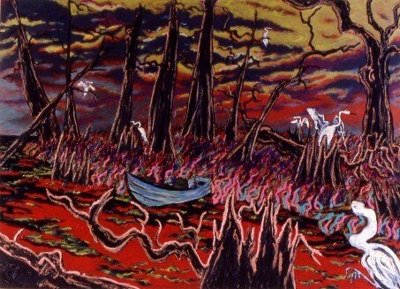 painting of stylized swamp with egrets and a boat
