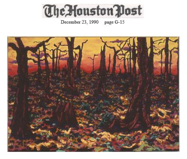 Text saying "The Houston Post - December 23, 1990 page G-15" and a painting of a stylized forest
