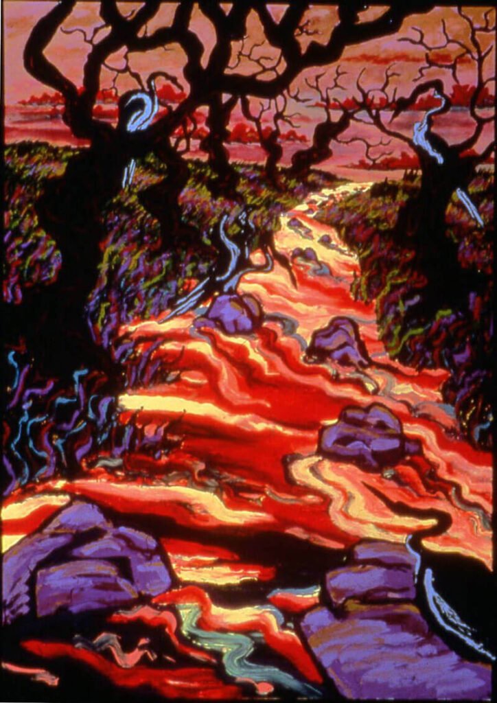 Nina Beall painting of trees and a colorful river