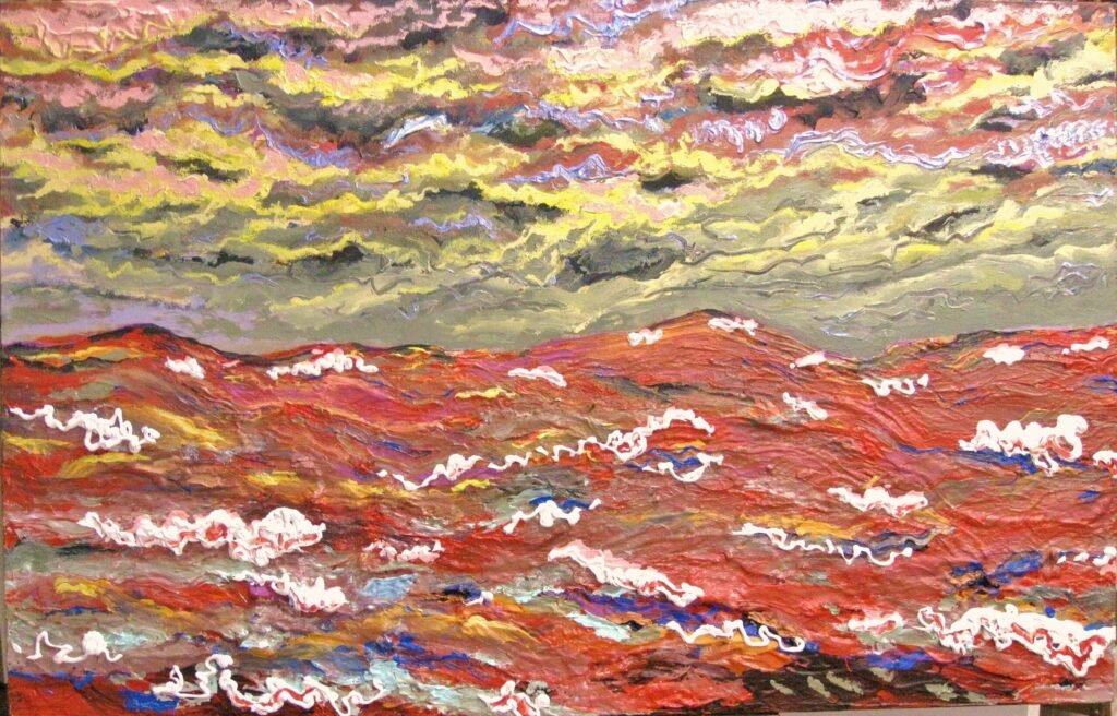 Red Seascape Rolling w Scratchthrough Sky, 2024, 44"x60"