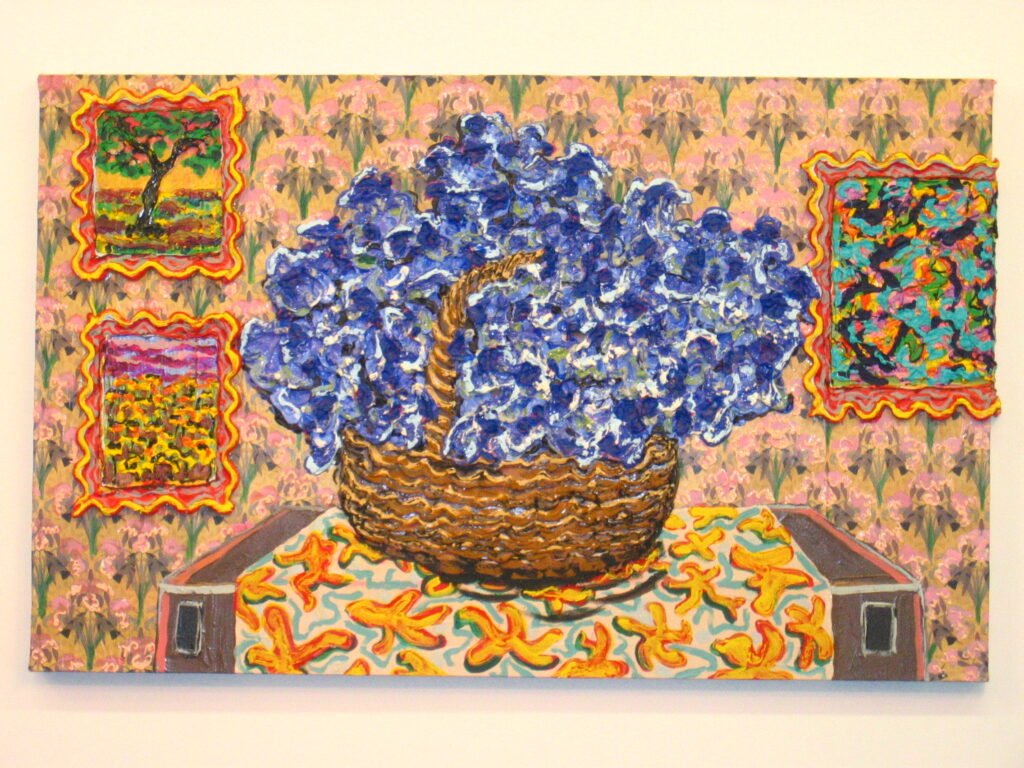 Blue Hydrangeas Centerpiece Basket with 3 Paintings Hanging, 2014, 30"x42"