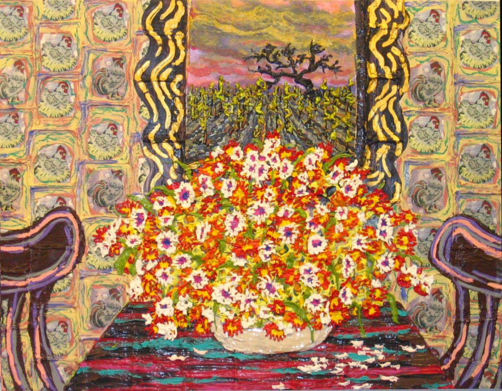 Chicken Wallpaper w Two Chairs, 2020, 42"x60"