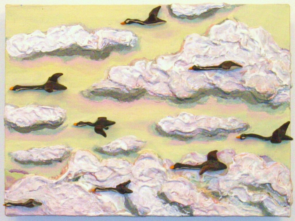 Small Geese Flying in Yellow Sky, 2012,12"x16"