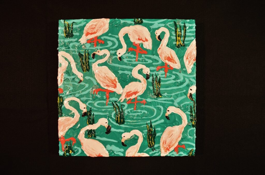 Small Square Flamingos, 2022, 14"x14"
