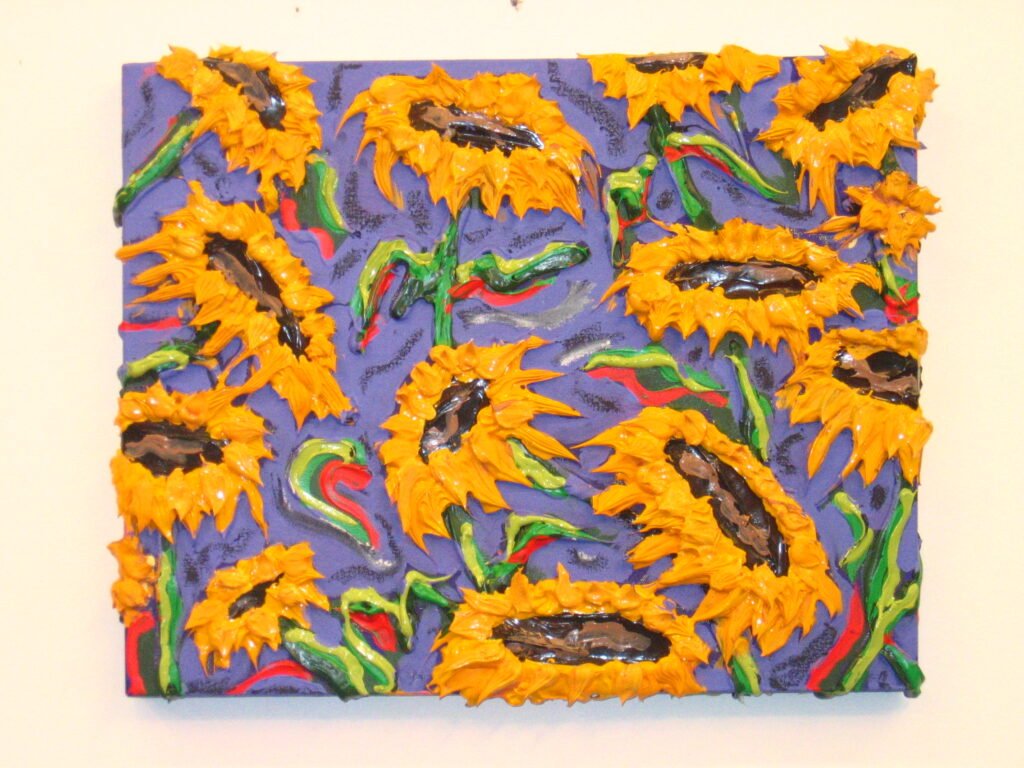 Small Sunflowers w/ Purple Background, 2020, 14"x18"
