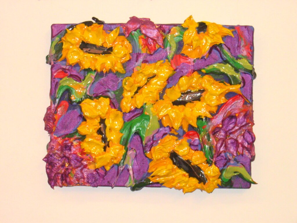 Small Zenias and Sunflowers w/ Iridescent Purple Background, 2021, 8"x10" (2 of 3 set)