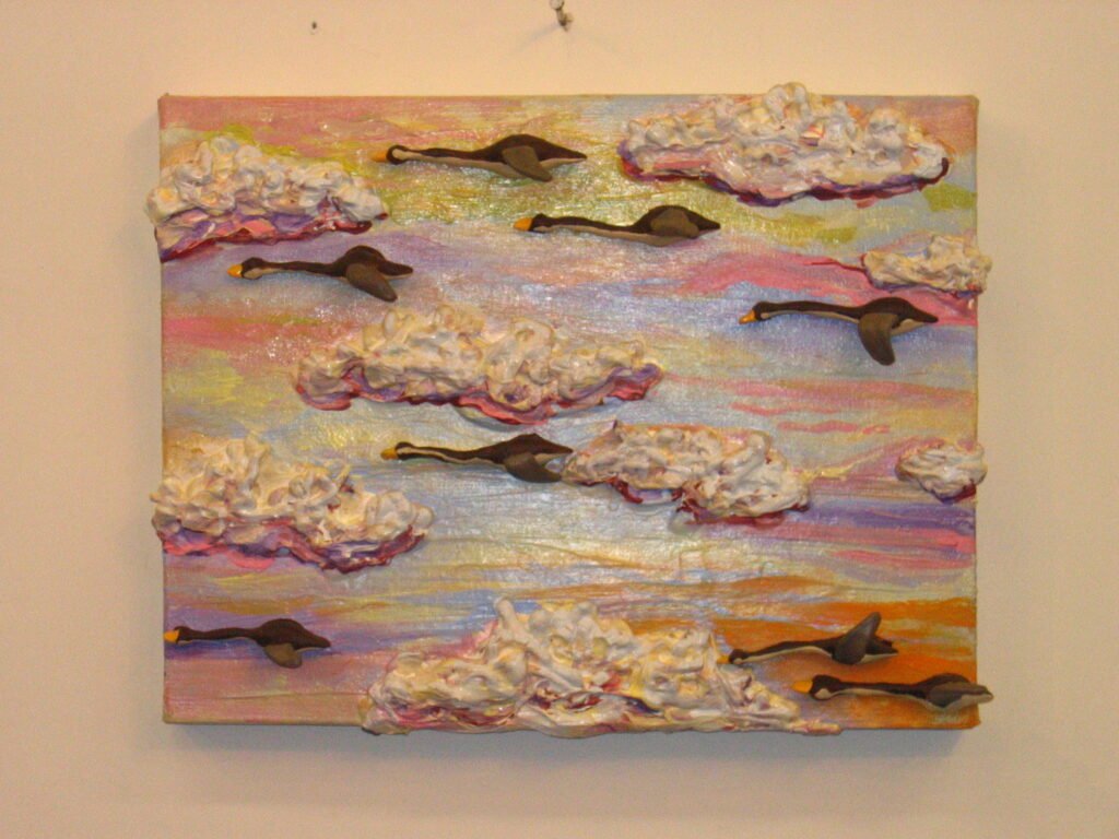 Small Birds Flying w/ Clouds and Iridescent Sky, 2015, 15"x16"